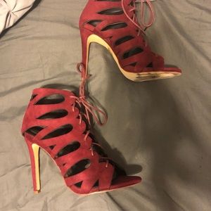 Maroon suede lace heels